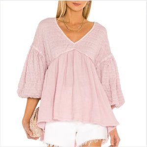 Free People Flower Power Top daytime pink puff sleeve v neck tunic size medium